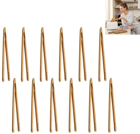12 Piezas 18 cm pinzas de bambú, Pinzas de madera Cocina reutilizables y ecológicas, para Pan, Tostadas, Té, Frutas y Pepinillos, Durables y seguras contra altas temperaturas, antideslizantes