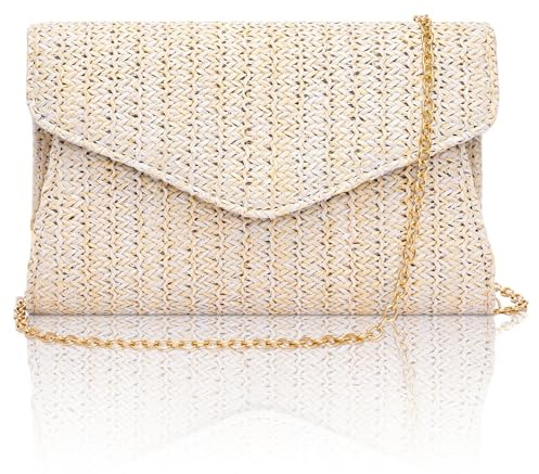 Toptime Stroh Clutch Damen, Sommer Strand Handtasche Damen Klein mit Abnehmbarer Kette, Elegante Umschlag Abendtasche, Boho Geflochtene Umhängetasche Beige für Hochzeit Cocktail Party