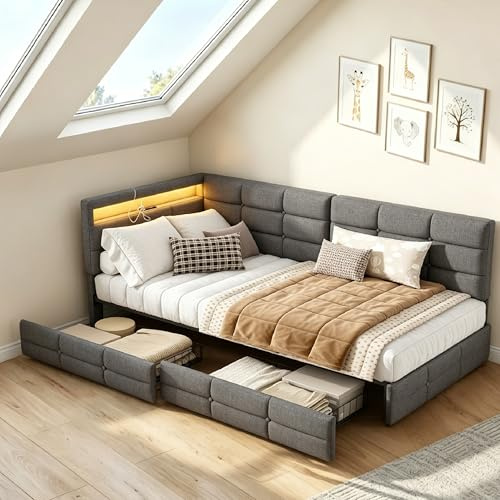 DULRLLY Polsterbett Jugendbett 90x200 mit Stauraum Schubl., LED＆USB Ladest.,Daybett Tagesbett Schlafsofa mit Lattenrost, L-Form Eckbett Einzelbett Bettgestell für Kinder/Gästezimmer, Leinen