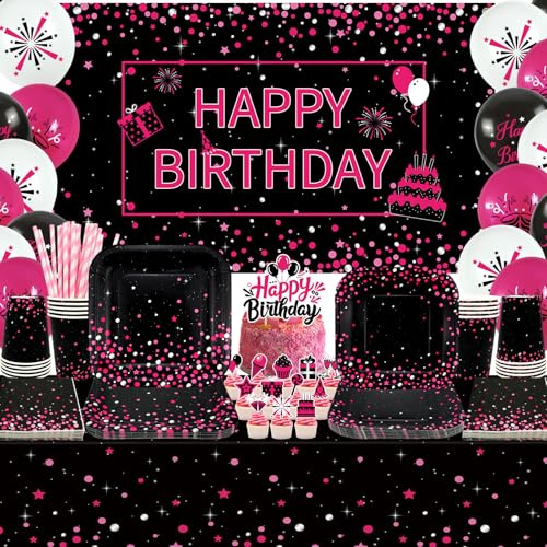 Obussgar Suministros de fiesta rosa y negro, decoraciones de fiesta de cumpleaños rosa y negro, incluyendo pancarta, platos, adornos para tartas, tazas, servilletas, globos, mantel, sirve 20 (BJ)