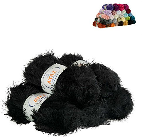 Fransen-Strickgarn Yumos 5 Knäuel je 150m/100g Strickgarn Wolle Strickwolle, Nadelstärke 4-5, Häkelnadel 3, Farbe:1217 schwarz