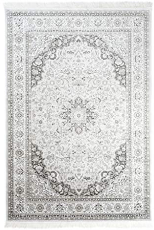 TAPISO Jafar Teppich Wohnzimmer Dünn Kurzflor Fransen Flachflor Klassisch Oriental Ornament Orient Ziegler Creme Grau Silber Viscose 120 x 170 cm