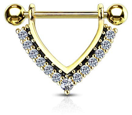 Tata Gisèle Piercing Sein Téton en Acier Chirurgical 316L et Oxydes de Zirconium - Triangle en Acier Entouré de Zircons Sertis - Différentes Couleurs - (Or Doré/Clair)