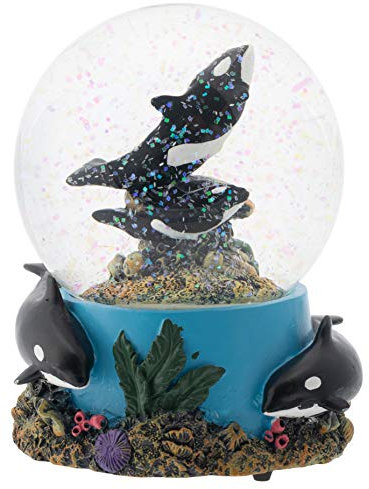 Elanze Designs Orca-Pod mit Korallenriff, 100 mm, stabil, zum Aufziehen, Musik-Glitzer, Wasser-Schneekugel, Tischkommode, Nachttisch, Dekoration, spielt Melodie Wunderbare Welt