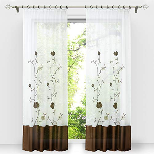 HongYa 1 Stück Voile Gardine Schal mit Kräuselband Transparenter Vorhang Bestickter Fensterschal H/B 245/140 cm Braun
