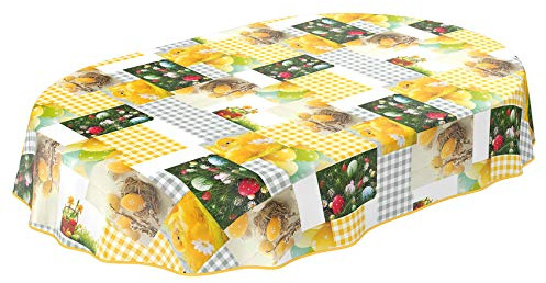 Wachstuchtischdecke abwaschbar Garten Tischdecke Wachstuch Rund Oval Eckig Indoor Outdoor Ostern Osterei Karo Küken Oval 180x140cm mit Saum - Eingefasst