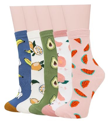 Benefeet Sox Lustige Socken für Damen und Mädchen, Crew-Socken, Urlaub, niedliche Socken, Baumwollsocken, 5 Paar Früchte (Avocado, Banane, Pfirsich, Zitrone, Wassermelone), Einheitsgröße