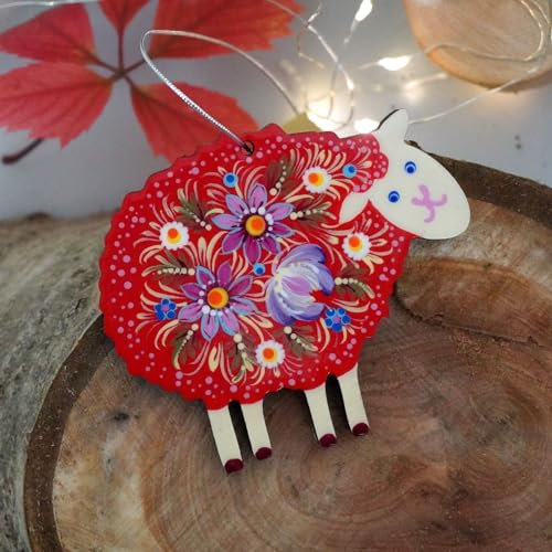 Schaf Christbaumschmuck aus Holz Beidseitig Handbemalt 9 х 8 х 0.5 cm Schaf - Osteranhänger und Festerdeko in Traditioneller Ukrainischer Handarbeit gefertigt