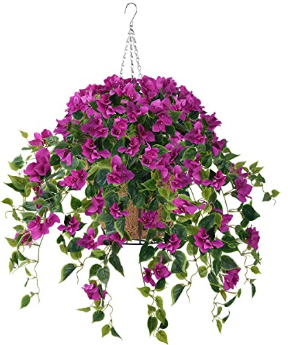 Homsunny Lot de 4 fleurs artificielles à suspendre pour décoration extérieure, bougainvillier en soie synthétique résistantes aux UV pour extérieur, porche, terrasse, cour, jardin (violet)