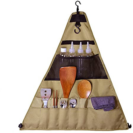 Lichi Grillgeschirr Aufbewahrungstasche, 900D Oxford Multi-Pocket Hängender Organizer, Tasche für Reisen Camping, Grill Besteck Netztaschen Kochgeschirr, Dreieck