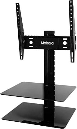 MAHARA TV Bracket With Shelves - All in one tilt & turn TV Mount with Black Glass AV shelving - For TVs up to 55 inches - Max 30Kg - VESA Compatible