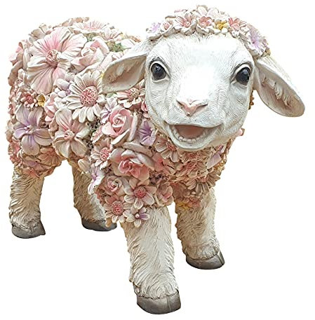Fachhandel Plus Dekofigur Schaf stehend mit Blumen Gartendeko Tierfigur Lamm Schäfchen Osterlamm Indoor Outdoor