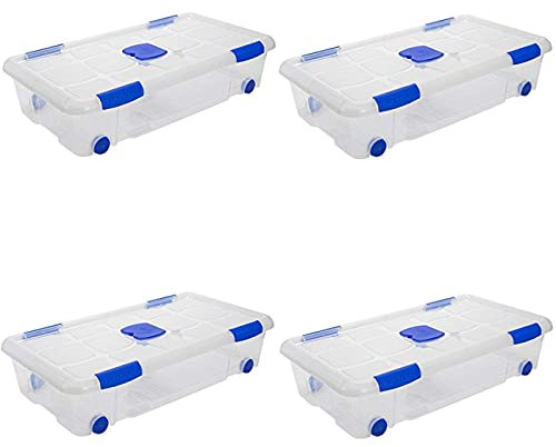 Tradineur - Pack de 4 Cajas de almacenaje, de 17 x 73 x 41,5 cm, nº 11, con capacidad de 30 litros, con tapa y ruedas, para organización del hogar, baúl organizador (17 x 73 x 41,5 cm, Pack de 4)