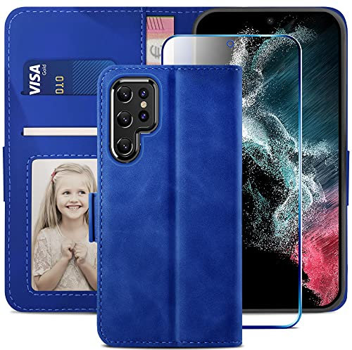 YATWIN Coque Samsung Galaxy S22 Ultra + 1 Pièces Verre Trempé, Etui Housse en Cuir pour Samsung S22 Ultra avec [Fentes Cartes] [Fonction Support] Compatible avec Coque Samsung S22 Ultra, Bleu Marine