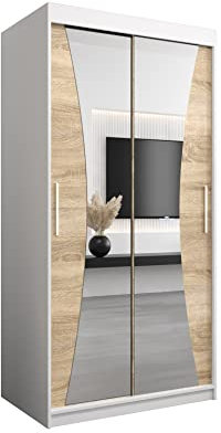 E- MEUBLES Armoire de Chambre avec 2 Portes coulissantes et Miroir, Penderie (Tringle) avec étagères (LxHxP): 100cmx200cmx62cm MEGRA Weiß + Sonoma
