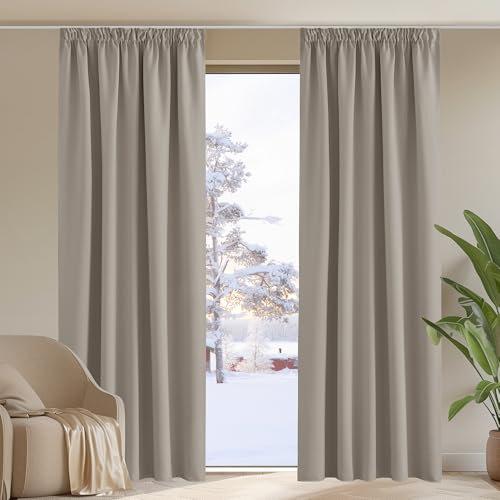 PONY DANCE Wohnzimmer Vorhang Verdunkelung Kräuselband 2er Set H 245 x B 140 cm Sandfarben, Verdunklungsvorhänge für Schiene Thermovorhang Hitzeschutz Übergardinen Blickdicht