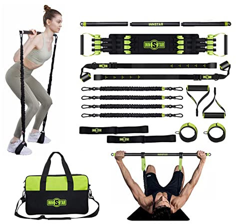 INNSTAR Upgraded Portable Home Gym 5.0, Adjustable Bench Press Resistance Bands,Full Body Workout Strength Training Equipment with Detachable Fitness Bar, Handles,for Home,Travel,Gym-Green