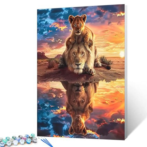 Malen nach Zahlen Kits für Erwachsene, DIY Reflexion von Tieren im Wasser, Acryl-Pigment, König der Prärie, Löwen, Ölgemälde für Anfänger