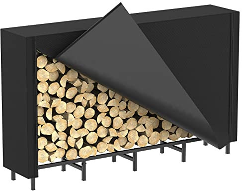 Kaminholzregal Außen mit Abdeckung 164,2×25,5×80 cm – Brennholzregal für Innen & Außen, Feuerholzständer für Kaminholz, Verstellbares Metall Holzregal mit Wasserdichter Oxford-Abdeckung – Schwarz