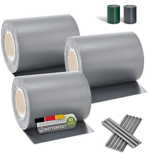 Juskys Rouleaux brise-vue en PVC pour clôtures à barreaux doubles - 3 rouleaux de 35 m, 90 clips de fixation - film anti-regards pour clôture protection visuelle protection contre le vent - gris clair