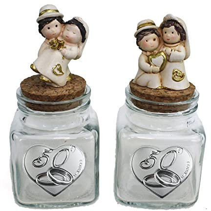 DLM 34139 (Kit 12 Pezzi) Barattolo Quadrato in Vetro con Cuore Cuore FEDI 50 Anniversario d'oro Cinquantesimo e Coppia Sposi Sposini Portaconfetti Segnaposto bomboniera