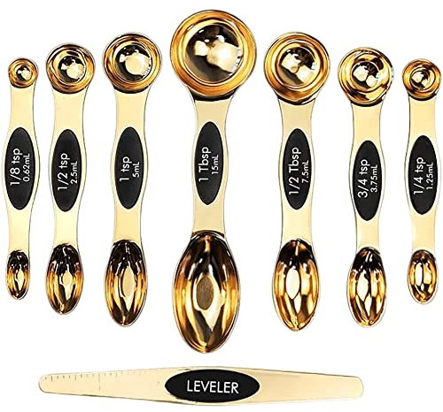 Magnetic Measuring Spoons Set of 8 | Stainless Steel Dual Sided Measure Kitchen Teaspoons and Tablespoon with Leveller | Weighing Dry and Liquid Ingredients for Cooking, Baking (Gold)