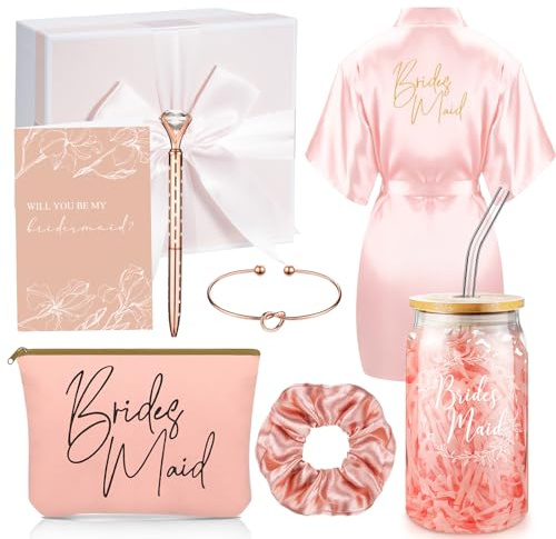 Irenare 8 Pcs Bridesmaid Proposal Gifts Set Robes Makeup Bag Mugs Cards Hair Tie Bracelet Diamond Pen Bridesmaid Gifts