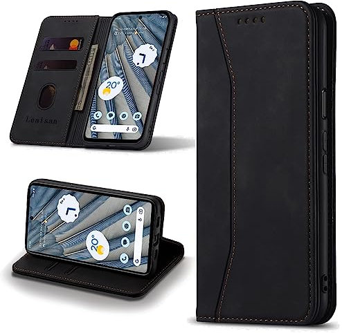 Leaisan Handyhülle für Google Pixel 7A Hülle Premium Leder Flip Klappbare Stoßfeste Magnetische [Standfunktion] [Kartenfächern] Schutzhülle für Pixel 7A Tasche - Schwarz