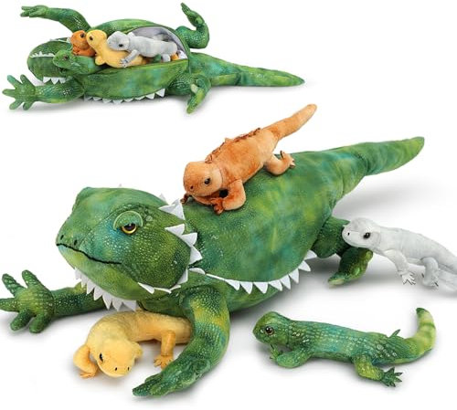 MorisMos eidechsen 67cm lang Riesen Eidechse Kuscheltier mit 4 Babys im Bauch, Grün Groß PlüschEidechse Kuscheltiere XXL, Flauschiger Stofftier Plüschtier Lizard Teddys zum Spielen für Kinder