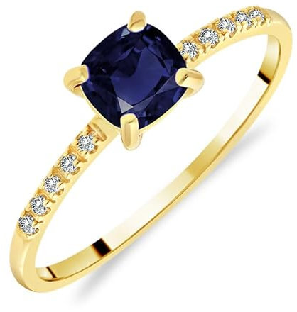 Planetys Damen-Solitärring aus Gelbgold 375/1000, mit natürlichem Saphir, Kissenschliff, besetzt mit 10 Diamanten, 52 (16.6), Metall, Blauer Saphir