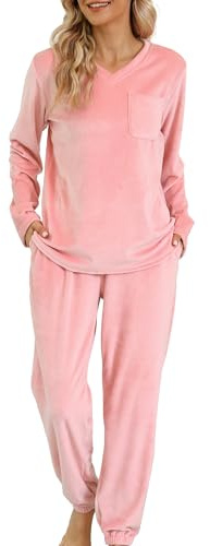 Vlazom Women Pyjamas Set,Soft Warm Fleece Pjs Sets Fluffy Loungewear Set Long Sleeve Tops and Pants Sleepwear with Pockets C-Pink,L