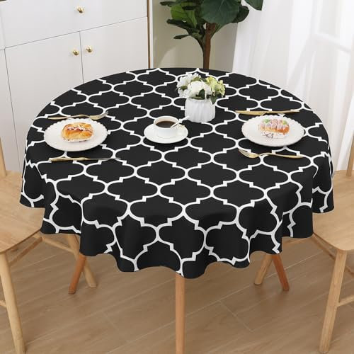 smiry Tischdecke Abwaschbar Rund 140cm Tischtuch Polyester Wasserabweisend Lotuseffekt Marokkanisch Tischwäsche Schmutzabweisend Abwischbare Tafeldecke für Outdoor Party Küche,Schwarz