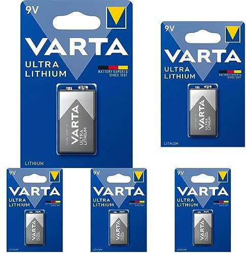 VARTA Lithium 9V Block 6LR61 Batteries (1-Pack) - Ideal for Digital Cameras, Toys, GPS Devices, Sporting and Outdoor Applications (Lot de 5)
