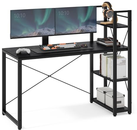 VASAGLE Schreibtisch, Computertisch mit Regalböden rechts oder Links, 137,2 cm breiter Bürotisch, für Arbeitszimmer, Homeoffice, einfacher Aufbau, ebenholzschwarz LWD049B56