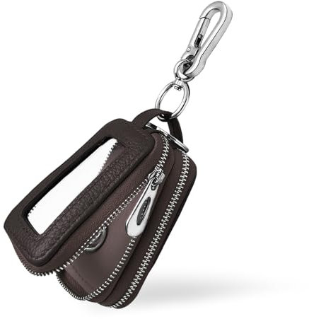 Custodia per chiave auto, con doppia cerniera, protezione in vera pelle, universale, di alta qualità, gancio in metallo e portachiavi con finestra trasparente, per uomini e donne (caffè)