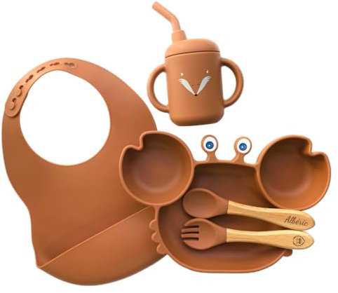 Coffret dîner personnalisé pour enfant: pack repas ocre avec bavoir, verre à paille | Idéal pour bébé et baptême | cadeau original de naissance