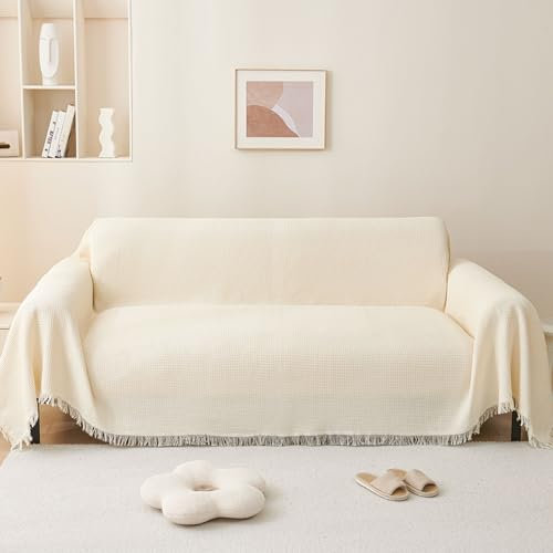 LHGOGO Sofaüberwurf Decke mit Fransen - 180x230cm Doppelseitig Überwurf Sofa 2 Sitzer Waffel Muster Decke als Tagesdecke, Sofa Überzug, Sofadecke - Creme