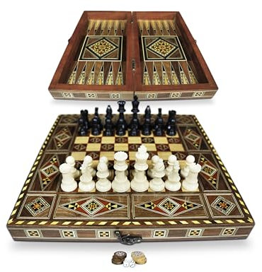 Neu 30 x 30 cm Holz Backgammon Tavla/Schachspiel/DAMA,Tavla,Original Intarsien Kunsthandwerk Handmade,Brett BK 301F mit 30 Holz Backgammon Steine und inkl. Plastic Schach Figuren