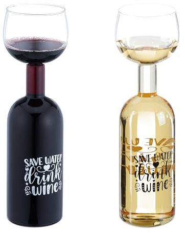 Relaxdays Copa de Vino con Botella, Copón Cristal, Decantador, para Regalar, Save Water Drink Wine, 750 ml, Transparente, 29,5 x 8,5 cm