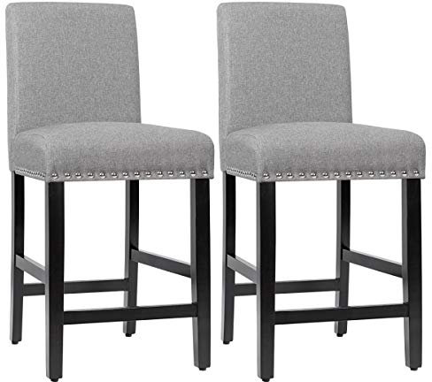 COSTWAY Barhocker 2er Set, gepolsterte Barstühle mit Beinen aus Gummiholz, atmungsaktivem Leinengewebe & Rückenlehne, Bistrohocker, Tresenhocker, Küchenhocker für Küche, Esszimmer