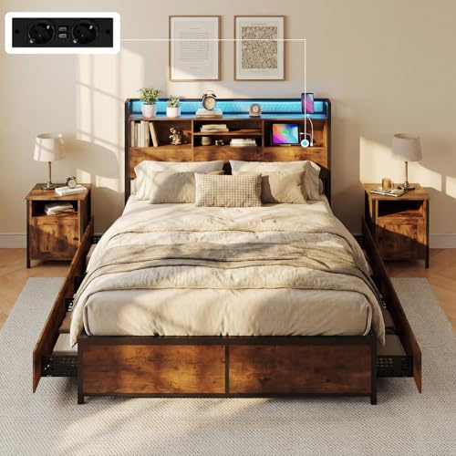 COSTWAY Cadre de Lit Double 160x200cm avec Sommier, Tête de Lit Bibliothèque, Sommier en Métal avec 4 Tiroirs Rangement, 2 Prises de Courant, 2 USB, 2 Poches Latérales, Assemblage Facile