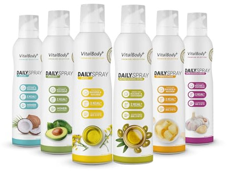 VitalBody+ DailySpray Probierpaket, 6er Pack, 2 kcal Spray zum Braten, Grillen & Verfeinern, 4800 Portionen, für gesundes Kochen, ideal zum Abnehmen, Non-Stick cooking spray