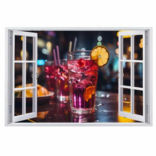 3D Wandtattoo I Wandbild Cocktail Wandaufkleber I Wandsticker Durchbruch Bar Poster Fensterblick I Wand Deko Aufkleber für Wohnzimmer Schlafzimmer Küche Türaufkleber 75x50cm