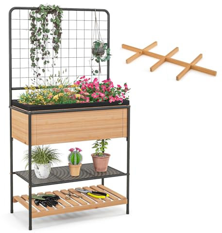 COSTWAY Fioriera Rialzata da Esterno con Grigliato, Letto da Giardino con Traliccio, 2 Ripiani, Divisore a Griglia, Foro di Drenaggio, Aiuola Rialzata in Legno e Metallo per Ortaggi, Fiori e Piante