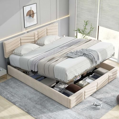 KOMHTOM Bett mit Stauraum mit höhenverstellbarem Kopf, modern, Samt, gepolstert, Bett mit Aufbewahrung unter Bettrahmen, Lattenrost aus Holz (ohne Matratze) (Beige, 140 x 190 cm)