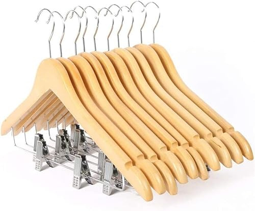 12 Grucce Appendiabiti in Legno con Mollette in Acciaio Portapantaloni, per Abiti Vestiti Giacche Camicie Pantaloni, 44.5x20 cm, Set da 12 Grucce, Stampelle per Armadio Guardaroba Lavanderia