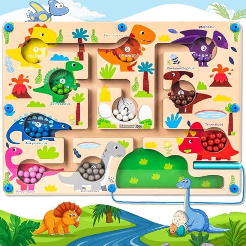 Ulikey Montessori Spielzeug Magnetspiel Labyrinth, Labyrinth Dinosaurier Holzspielzeug, Zahlen Farben Lernen Sortierspiel Busy Board, Lernspiele Motorikspielzeug Geschenk für Kinder ab 3 Jahre
