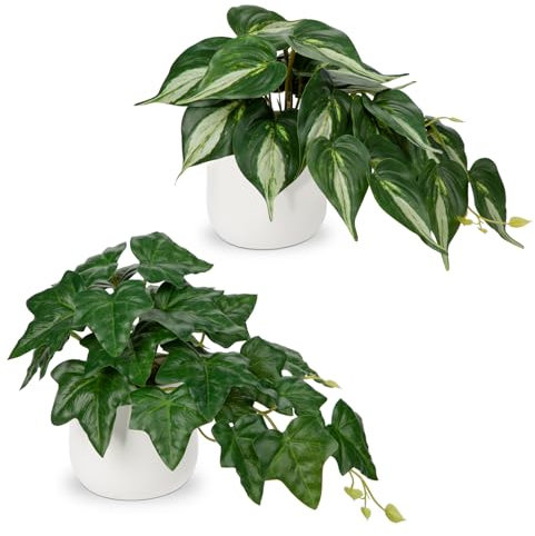 Oairse Juego de 2 plantas artificiales pequeñas en macetas de cerámica, plantas falsas decorativas en maceta, plantas de potos artificiales y plantas verdes de vid, plantas verdes realistas para