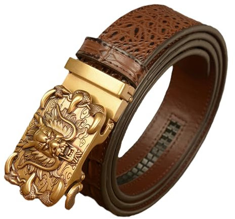 AKAFKKPYXSD Krokodil Prägung Leder Schieberatschen Gürtel Drache Graviert Einstellbare Automatische Schnalle Mode Klassischer Freizeitgürtel(125cm/waist:43, Brown)