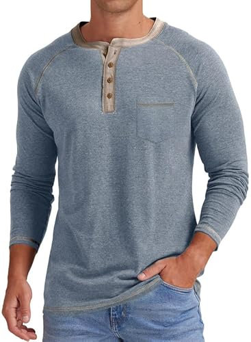Meilicloth Mens T Shirt Long Sleeve Tshirt Casual Pullover V Neck Tee Shirt Button up Henley Tops Lightweight Shirt with Pocket Light Blue XX-Large